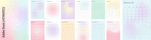 Gradient 2026 calendar template set of vertical pages 12 months. Week starts on Sunday