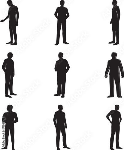 A collection of Man standing full body silhouette vector, black and white silhouette vector illustration