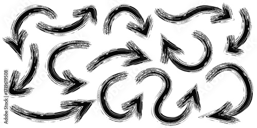 Hand drawn black arrows grunge vector set. Arrow chalk, marker or charcoal. Icon templates for navigation, infographics, banners, and posters. Vector strong brush strokes