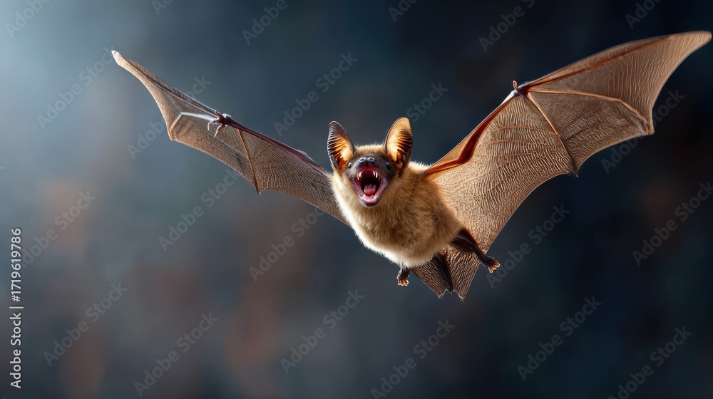 Obraz premium A flying bat soars with outstretched wings and an open mouth, revealing sharp teeth. This detailed close-up captures the nocturnal predator in dramatic, natural light.