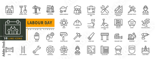 Minimalist Labour Day line icons set with editable stroke, featuring garden tools, crane, buildings, wheelbarrow, gear, helmet, factory, drawing, project, barier, hummer. thin linear illustration.