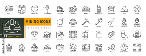 Minimalist Mining line icons set with editable stroke, featuring truck, gloves, mining cart, jackhammer, buldozer, exavator, walkie talkie, dinamite, tnt, torch, coal, cave. thin linear illustration.