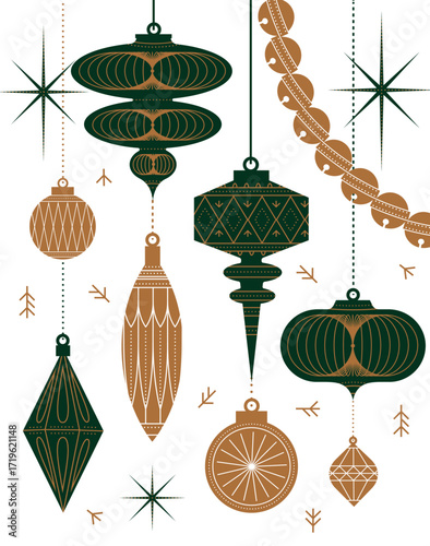 Christmas tree art deco toys in different shapes and forms in vintage style drawing in green and beige theme on white background