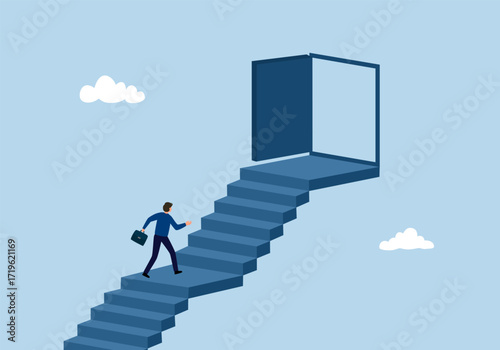 Businessman in suit walking to the opened door. Motivation and startup concept. Beginning of business career vector illustration.