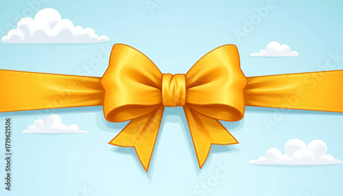 Festive yellow bow on blue sky background with clouds and copy space