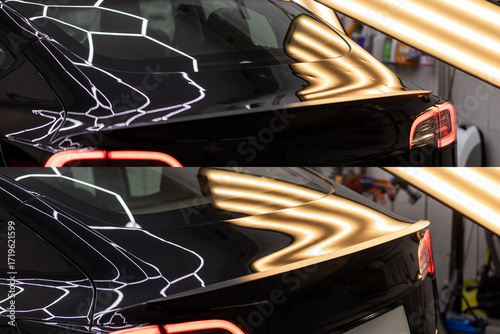 Black Sedan in Workshop for Dent Repair. Before and after