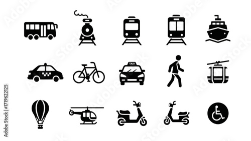 Black Silhouette 15 Public Transport Icon Set – Bus, Train, Metro, Taxi, Tram, Vehicle Pictograms