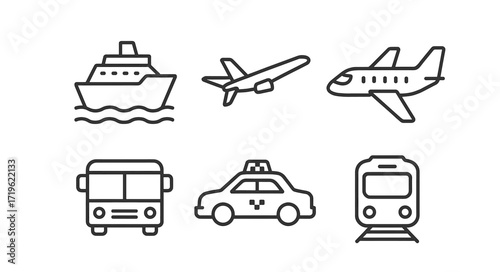 Outline icons of various transport modes including airplane, ship, bus, taxi, train, and cable car