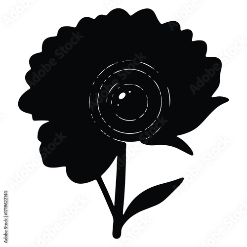 Black silhouette of a flower with stylized central design element illustration