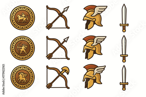 Ancient greek icon set with shields, bows, helmets, and swords