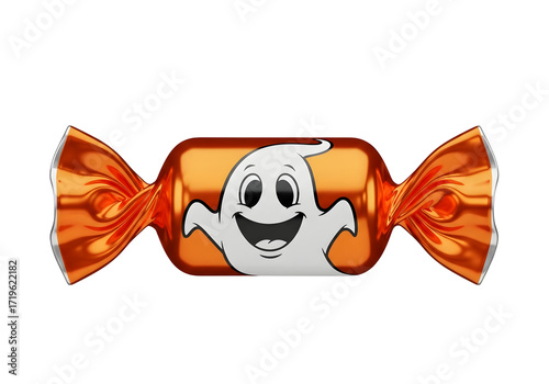 Sweet Spook: Isolated Orange Halloween Candy with Happy Ghost on White