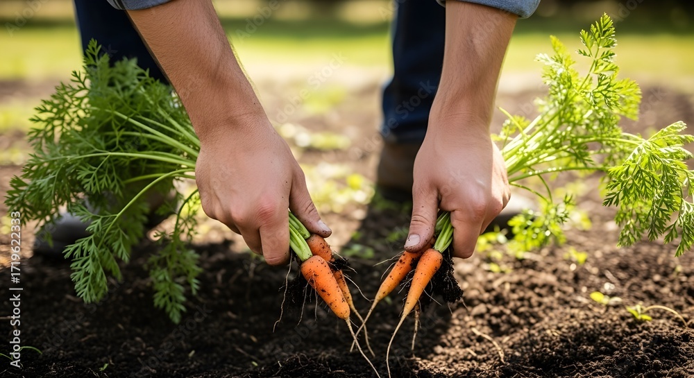 Fototapeta premium hands harvesting fresh organic carrots from garden soil