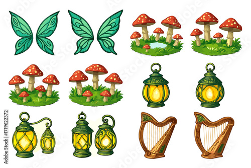 Fantasy elements: butterfly wings, mushrooms, lanterns, harps in enchanted scene