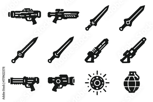 Collection of futuristic weapons and symbols in iconic style