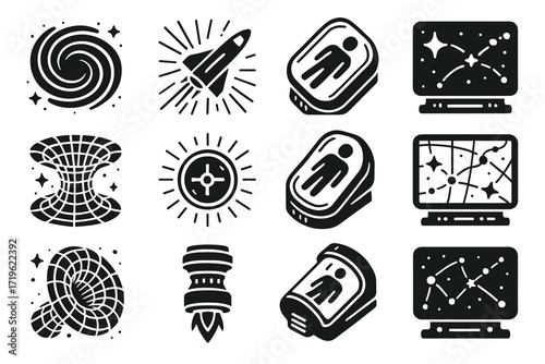 Space and astronomy icons: black and white rocket, constellations, warp, space station symbols