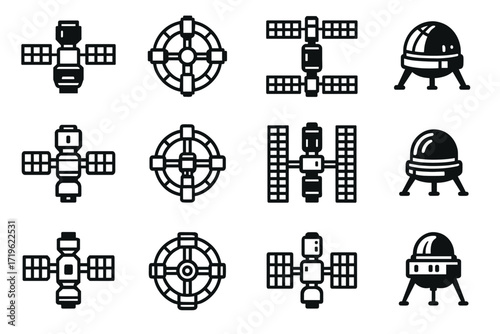 Collection of space satellite and spacecraft icons in black and white