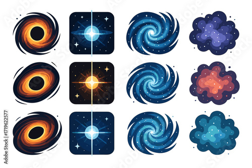 Colorful cosmic icons featuring black holes and galaxies on white background