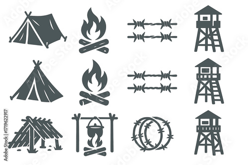 Camping symbols: tents, campfires, barbed wire, and watchtowers in icon set