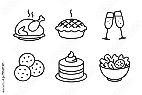 Holiday feast icons: roast chicken, pie, champagne, cookies, pancakes, salad