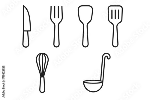 Set of black outline kitchen utensils including knife, fork, spatula, whisk, ladle