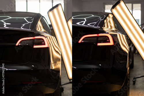 Before and After. Paintless Dent Repair on Black Car in Garage