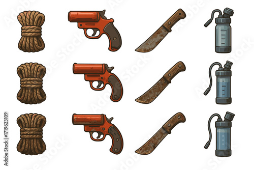 Set of survival tools: rope, gun, machete, water bottle icons in a pattern