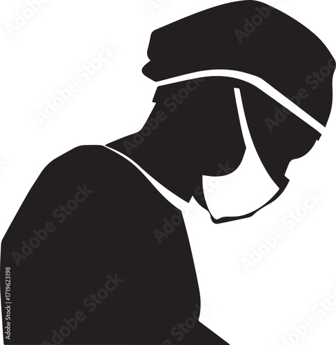 surgeon wearing mask and cap medical silhouette vector, black and white silhouette vector illustration