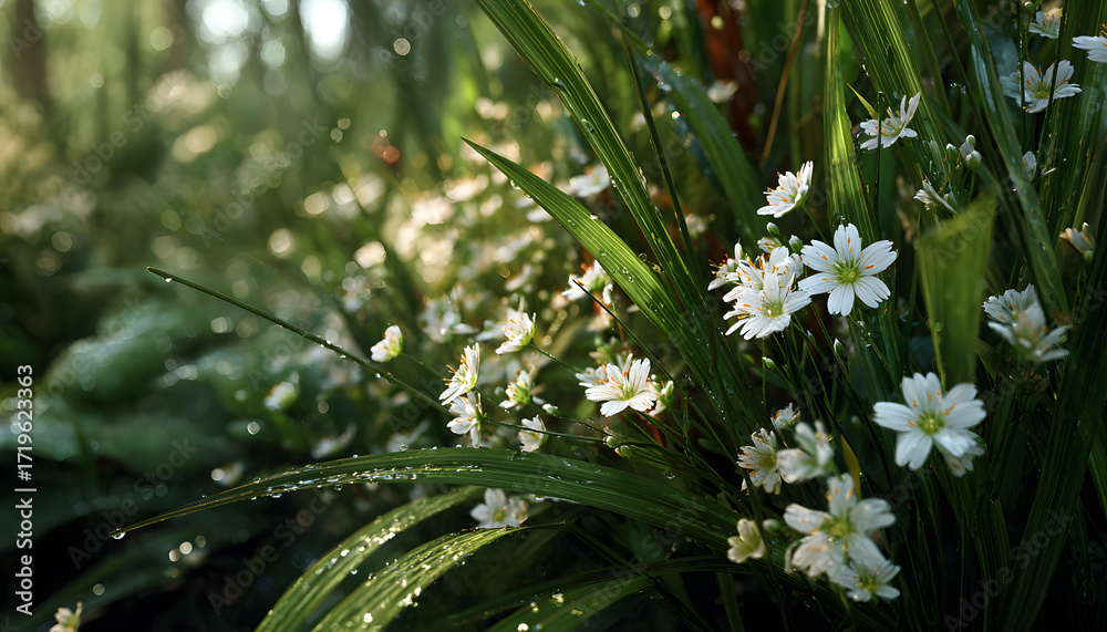 Obraz premium lush green grass with tiny white flowers