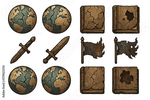 Fantasy icon set: medieval weapon, globe, flag, and book designs
