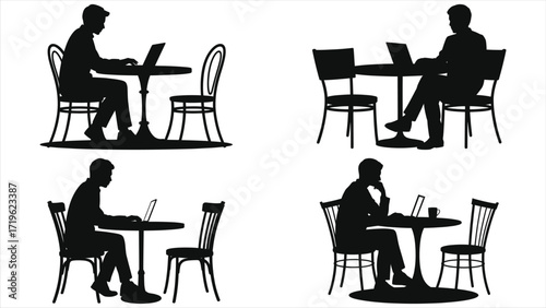 Silhouette of a person working on a laptop at a café table, representing remote work, digital nomad lifestyle, casual workspace, coffee shop office, productivity, and flexible work environment.