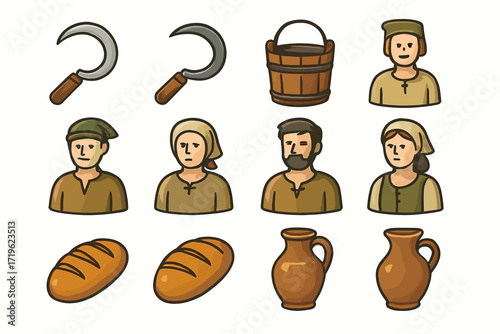 Cartoon medieval characters and tools: farmers and crafts in rustic setting