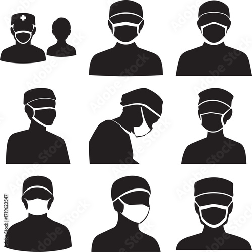 A collection of surgeon wearing mask and cap medical silhouette vector, black and white silhouette vector illustration