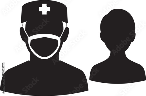 surgeon wearing mask and cap medical silhouette vector, black and white silhouette vector illustration