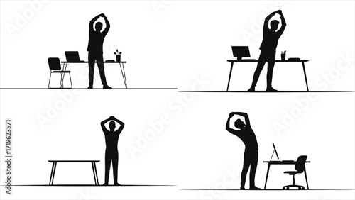 Silhouette of a person stretching near a desk during a work break, promoting healthy office habits, workplace wellness, ergonomic breaks, stress relief, and maintaining productivity in a workspace