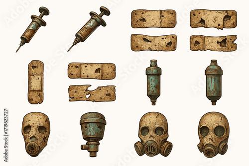 Collection of vintage syringes, masks, and filters illustrations