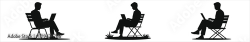 Silhouette of person working on laptop outdoors sitting on folding chair in nature remote digital nomad concept vector illustration ideal for web design marketing travel business  outdoor work