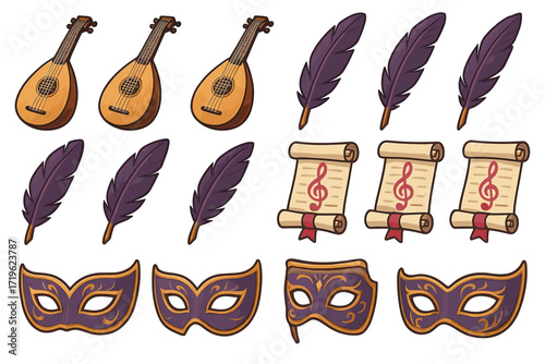 Collection of musical instruments, feathers, scrolls, and masquerade masks