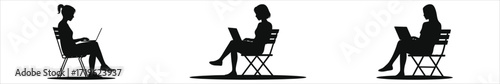 Three female silhouettes on folding chairs using laptops outdoors, remote work and freelancing concept, minimalist black white vector illustration, digital nomads, work-from-anywhere lifestyle, mobile