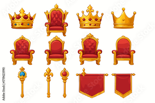 Royal thrones and crowns: gold and red regal designs with scepters and banners