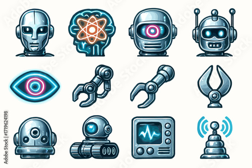 Futuristic robot elements set including ai face, brain, eye, and mechanical parts