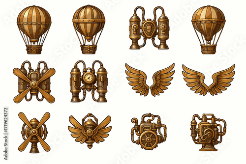 Steampunk icons collection: airships, wings, gears, and engines