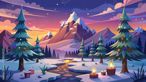 Very beautiful panorama A Christmas tree with candles and lights stands lonely and romantic in a panoramic landscape with snow and mountains at sunset