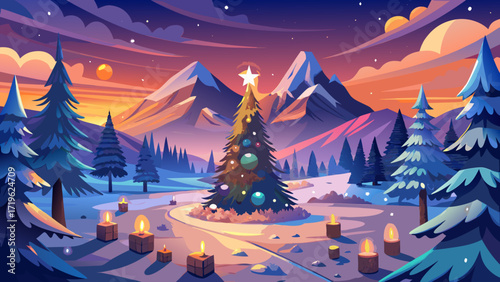Very beautiful panorama A Christmas tree with candles and lights stands lonely and romantic in a panoramic landscape with snow and mountains at sunset