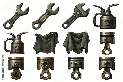 Vintage mechanical tools and engine pistons with oil cans and cloths