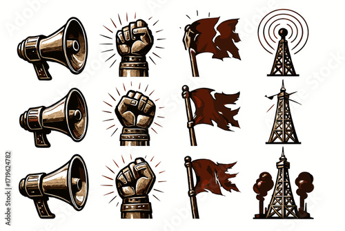 Vintage propaganda symbols: megaphones, raised fists, flags, and towers