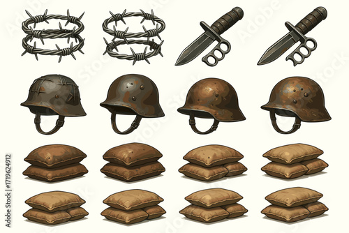 Military equipment collection: helmets, barbed wire, knives, and sandbags