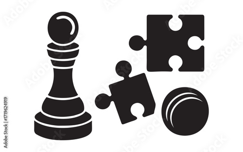 Chess pawn and puzzle pieces representing strategy and problem solving on a white background