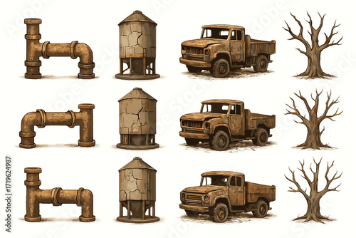 Rustic industrial elements set: pipes, silos, trucks, and trees illustration