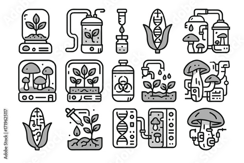 Black and white icons of biotechnology and genetic engineering symbols