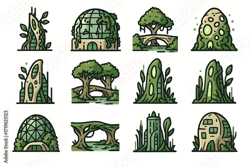 Futuristic eco-friendly buildings with green architecture and nature integration